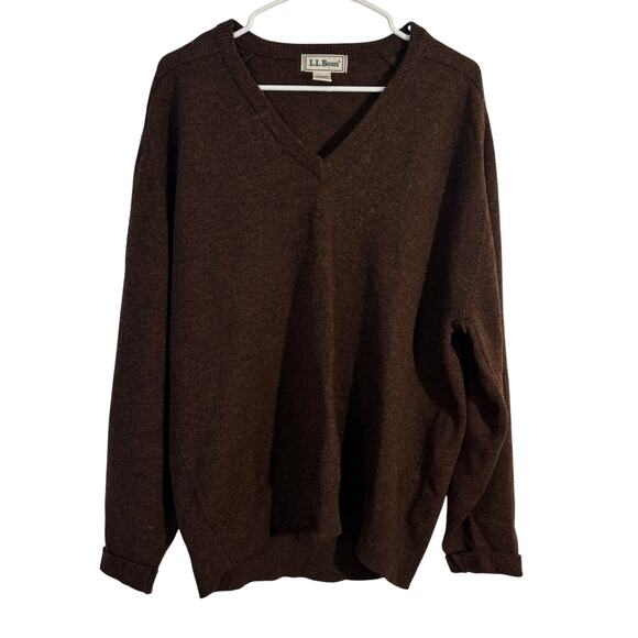 LL Bean 100% Wool Sweater Mens Size Large Dark Brown V Neck Pullover Vintage - Picture 1 of 8